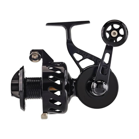 Side view of Bailless X2 250 Size Spinning Reel Black VS250BX2, sealed one-piece 6061 body, titanium main shaft, left hand.