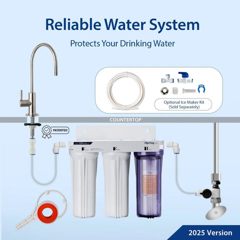 Under Sink Water Filtration System With NSF 58 Certified 3-Stage Filters, Tankless Water Filter System With Faucet displayed