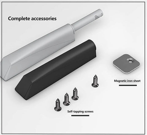 Push To Open Cabinet Latch Set, Door Catch And Drawer Closure, 2 Pack, Spring Loaded Plunger components shown