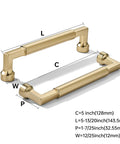 Ten Pack 5 Inch Satin Brass Cabinet Pulls Heavy Duty Brushed Brass Handles with dimensions shown