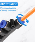 Inline 5 Way Manifold Union Fitting Kit, 6mm OD Plastic Pneumatic Push To Connect Tube Fittings shown with blue connectors.