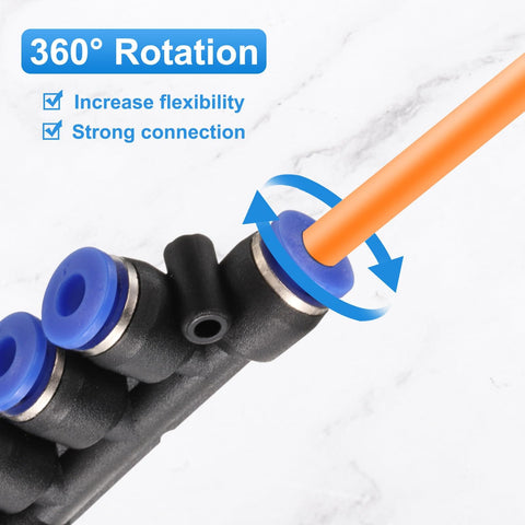Inline 5 Way Manifold Union Fitting Kit, 6mm OD Plastic Pneumatic Push To Connect Tube Fittings shown with blue connectors.