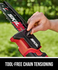 Close-up of tool-free chain tensioning on Cordless Brushless 20V 6-Inch Telescoping Chainsaw Kit with 2.0Ah Battery and Charger.