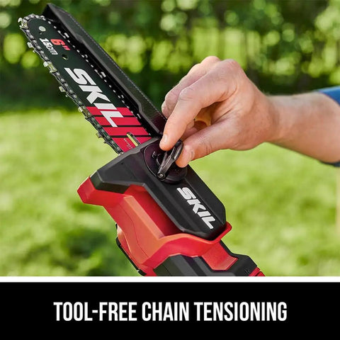 Close-up of tool-free chain tensioning on Cordless Brushless 20V 6-Inch Telescoping Chainsaw Kit with 2.0Ah Battery and Charger.