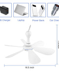 Ultra Quiet USB Ceiling Fan With Remote And Timer, 16.5-inch diameter, shown with compatible USB devices like laptop and charger.