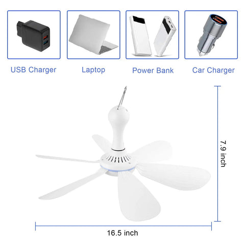 Ultra Quiet USB Ceiling Fan With Remote And Timer, 16.5-inch diameter, shown with compatible USB devices like laptop and charger.