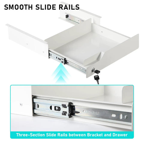 Slick Under Desk Drawer With Lock Sturdy Metal Undermount Storage Slide Tray Organizer For Papers Laptops And Office Gear White 16X11 Point 8 Inch with smooth slide rails.