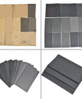 60 Piece Premium Silicon Carbide Wet Dry Sandpaper Sheets Custom Cut For Wood Glass Metal Car Body Rust Removal And Painting Projects assortment of sheets in multiple colors and textures arranged