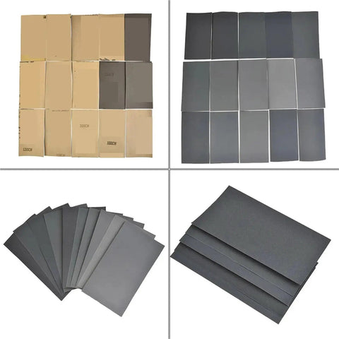 60 Piece Premium Silicon Carbide Wet Dry Sandpaper Sheets Custom Cut For Wood Glass Metal Car Body Rust Removal And Painting Projects assortment of sheets in multiple colors and textures arranged