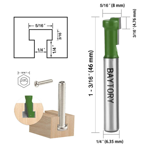 Keyhole Router Bits Set for Wood With One Quarter Inch Shank, Blade Diameters Five Sixteenths, Green design with diagram