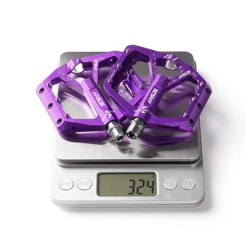 Grippy Aluminum Flat Pedals With Ultra Traction Pins And Sealed Bearings, Lightweight Platform Pedals, Purple, weighing 324g