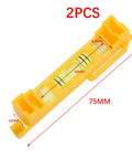 Hanging for spirit Level 2-Pack with Molded Hook, yellow, 75x12.5mm, showing level bubble and measurement details.
