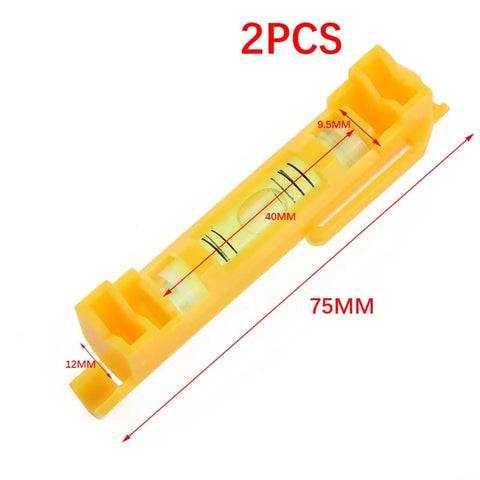 Hanging for spirit Level 2-Pack with Molded Hook, yellow, 75x12.5mm, showing level bubble and measurement details.
