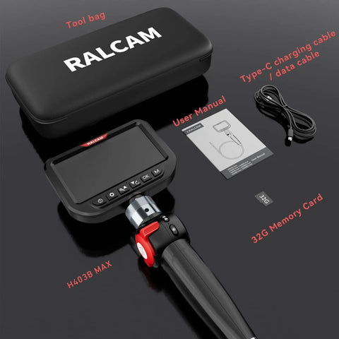 Ultra Slim 3mm Two-Way Articulating Borescope Endoscope Camera With Light with accessories on display, including 5 Inch HD screen.