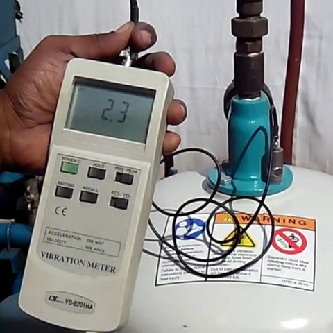 Handheld Vibration Meter And Analyzer For HVAC Systems Automotive And Industrial Use Wind Turbines Pro Grade With Data Hold LCD Display Model VB 8201HA Delivers 200 Millimeters Per Second Velocity Range And 200 Meters Per Second Squared Acceleration Range handheld meter on machinery