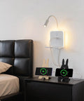 Plug-in & Hardwired LED Wall Sconce, Dimmable Wall Mount Reading Light with USB A & Type C Charging Ports, Flexible Gooseneck, Storage Shelf & Ambient Backlight, Matte White for Bedroom Bedside Hotel next to bedside with devices charging.