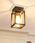Semi Flush Mount Ceiling Light With Bronze Metal Frame And Clear Glass Shade, Farmhouse Style, 60W Max, installed on ceiling
