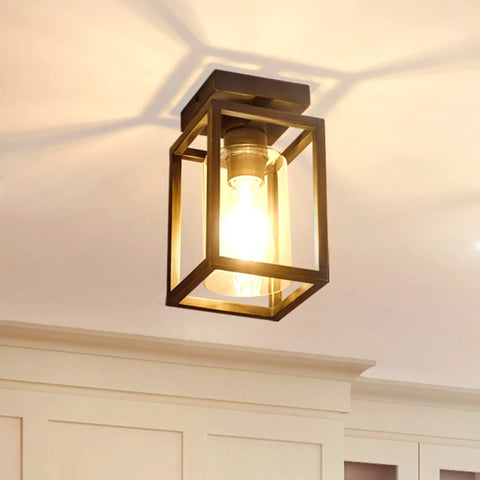 Semi Flush Mount Ceiling Light With Bronze Metal Frame And Clear Glass Shade, Farmhouse Style, 60W Max, installed on ceiling