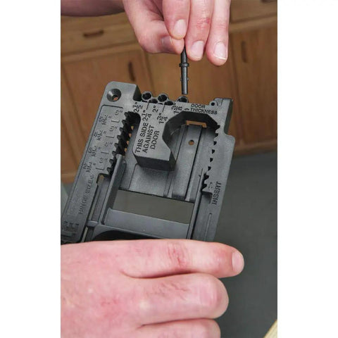 Using Handy Door Hinge Template Kit With Lock-In Pins And Double Headed Nails, Fast Setup, Includes High Speed Mortise Router Bit