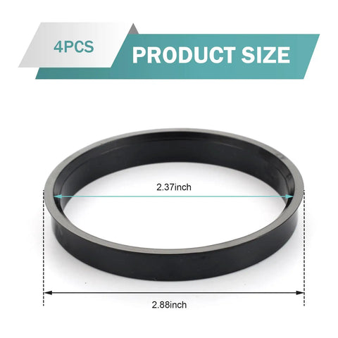Four Pack Car Wheel Hub Center Rings 73.1 By 60.1 Reduction Adapter, 2.88 inch outer, 2.37 inch inner, heavy-duty black plastic.