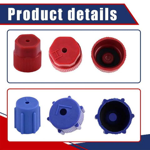 Hella Durable R134a AC Service Port Caps Set Of Ten, five red and five blue valve covers with seals visible.