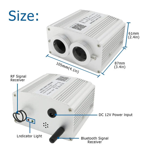 Diagram of dual head light engine for Upgraded Dual Head Twinkle Fiber Optic Lights Kit For Car And Home 16W Output, with size details.