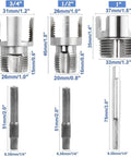All In One PVC Pipe Threader Kit With Dual Internal And External Threading for 1/2, 3/4, and 1 inch pipe sizes, dimensions shown.