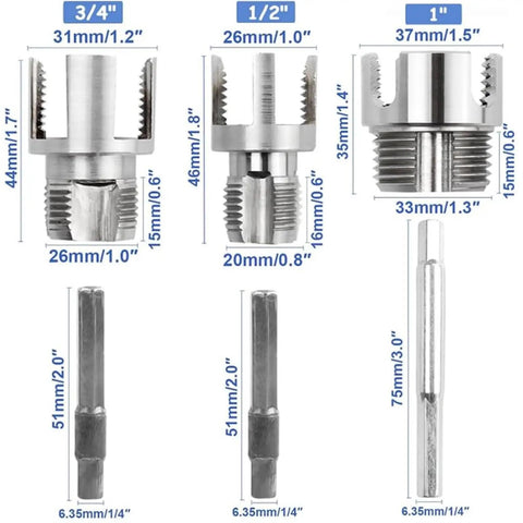 All In One PVC Pipe Threader Kit With Dual Internal And External Threading for 1/2, 3/4, and 1 inch pipe sizes, dimensions shown.