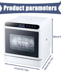 Portable Countertop Dishwasher With Four Wash Cycles And Hot Air Dry, Compact Kitchen Workhorse For Small Apartments, showing dimensions and front view.