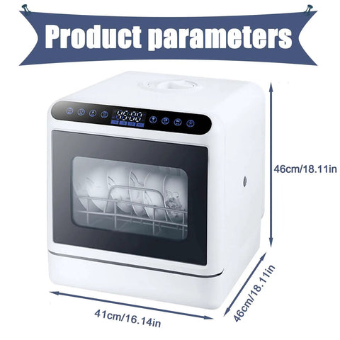 Portable Countertop Dishwasher With Four Wash Cycles And Hot Air Dry, Compact Kitchen Workhorse For Small Apartments, showing dimensions and front view.
