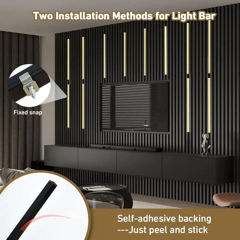 Linkable 15 Foot CCT COB LED Light Bar Kit installed on wood slat wall showcasing two installation methods: fixed snap and self-adhesive.
