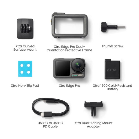 Top view of Knockout 4K Action Camera accessories including mounts, battery, and cables for adventure sports.
