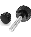 Close-up of 25 Pack M4 X 20mm Threaded Knurled Thumb Screws With Smooth Grip Knobs showing black plastic grip and metal thread.