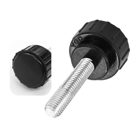 Close-up of 25 Pack M4 X 20mm Threaded Knurled Thumb Screws With Smooth Grip Knobs showing black plastic grip and metal thread.
