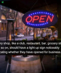 Bright LED Open Sign For Business 19 By 10 Inch Large Eye Catching Electric Display Board With Flashing Light For Bar Shop Window Hotel Two Modes For Day And Night hanging in a street scene