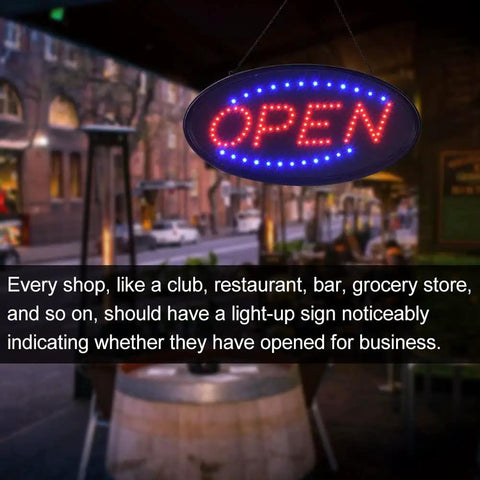 Bright LED Open Sign For Business 19 By 10 Inch Large Eye Catching Electric Display Board With Flashing Light For Bar Shop Window Hotel Two Modes For Day And Night hanging in a street scene