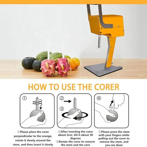 Effortless Whole Fruit Citrus Juicer Press Featuring Smart 3 Leaf Tech alongside assorted fruits on kitchen countertop.