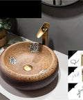 USZWBY Modern Round Vessel Vanity Sink Above Counter Basin Ceramic Wash Countertop Bathroom Art Balcony Simple in brown with decorative patterns.