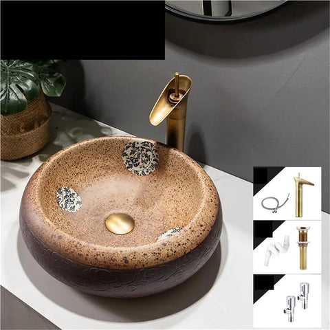USZWBY Modern Round Vessel Vanity Sink Above Counter Basin Ceramic Wash Countertop Bathroom Art Balcony Simple in brown with decorative patterns.