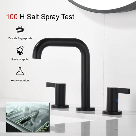 8 Inch Widespread Black Bathroom Faucet For 3 Hole Sink With Drain Dual Lever Handle Drip Free Ceramic Valves, salt spray test