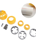 HaloVerde Electric Drill Pipe Threader Kit With 3 Dies For PVC Pipes; includes yellow and metal components for threading.