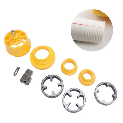 HaloVerde Electric Drill Pipe Threader Kit With 3 Dies For PVC Pipes; includes yellow and metal components for threading.