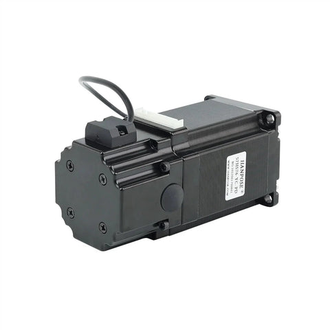 Side view of black NEMA23 stepper motor with permanent magnet brake, 76mm length, 4-lead cable and white connector.