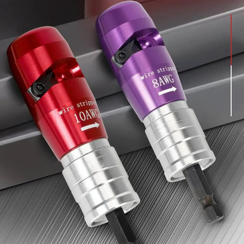 Heavy Duty Electric Wire Stripper For Drill, 6-14 AWG Cable Stripping Tool with red and purple interchangeable stripping heads.