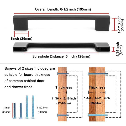 Wide Foot Cabinet Bar Pull In Matte Black 5 Inch 128mm Screw Spacing Solid Metal Hardware, diagram of dimensions and screws