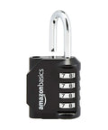 Close-up of a Four Digit Combination Lock Black Two Pack With Easy Read Side Window Durable Zinc Alloy Build 10,000 Codes For Luggage Gym Lockers Bikes And More Everyday, showing side window and shackle.