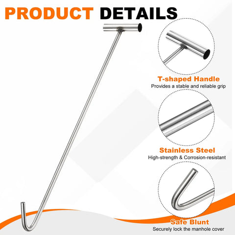 Heavy Duty 23.6 Inch Manhole Hook Workhorse Made From 304 Stainless Steel T Shaped Lid Lifter With Blunt Tip For Lifting And Pulling Storm Drain Covers A Pro Grade Tool For Maintenance And Service Crews