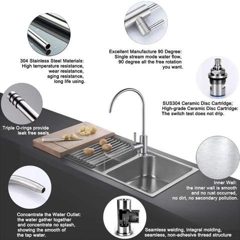 Lead Free Drinking Water Faucet For Kitchen Must Have That Fits Most Reverse Osmosis Systems, Stainless Steel 304 Body With Brushed Gold Finish, showing installation details and metal components.
