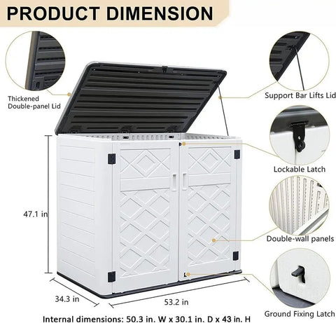 Big Weatherproof Outdoor Storage Shed Box For Garden And Backyard, Waterproof 48 Cu Ft Capacity, open lid showing support bars.