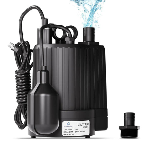 Submersible Sump Pump One Third HP 1600 GPH With Float Switch, Automatic Utility Pump for Pool Pond Garden Flooded Basement Aquarium